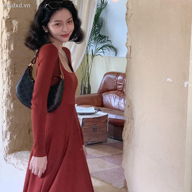 ℡Jiuwu Homemade Hong Kong Style Retro 2020 Autumn/Winter New Square Neck Long Sleeve Knit Dress Female High Waist Slim Skirt