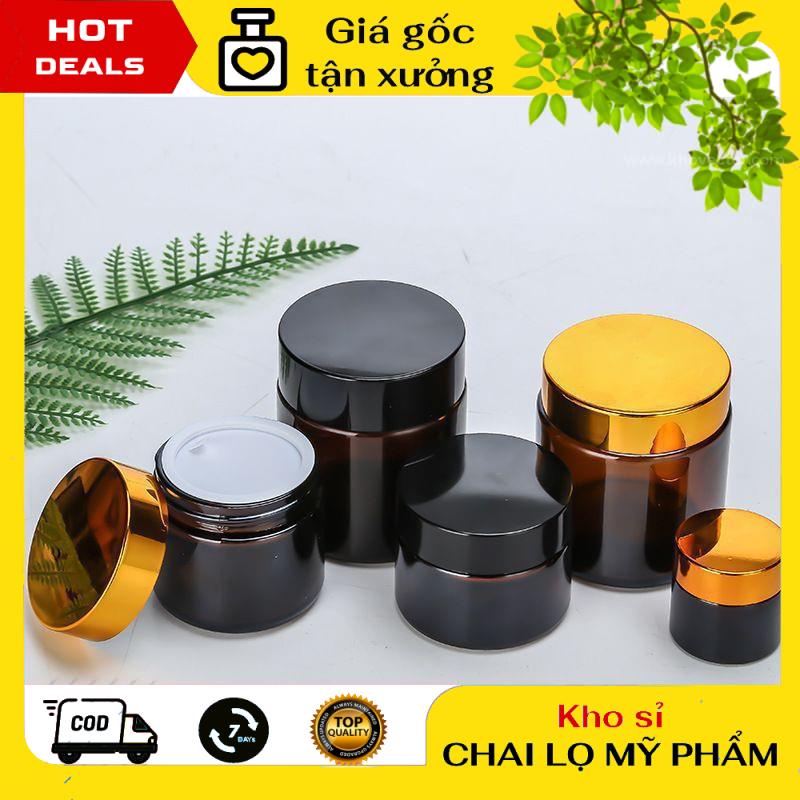 Hủ Đựng Kem ❤ KHO SỈ ❤ Hủ Chiết Kem Thủy Tinh Nâu 15g/20g/30g/50g/100g Nắp Vàng/Đen chiết mỹ phẩm , phụ kiện du lịch