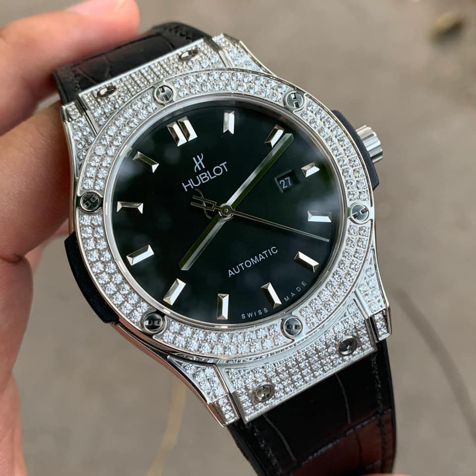 Đồng hồ Nam Hublot vỏ kin đá swarovski máy cơ automatic ZM Hublot Classic Fusion cao cấp màu đen 42mm