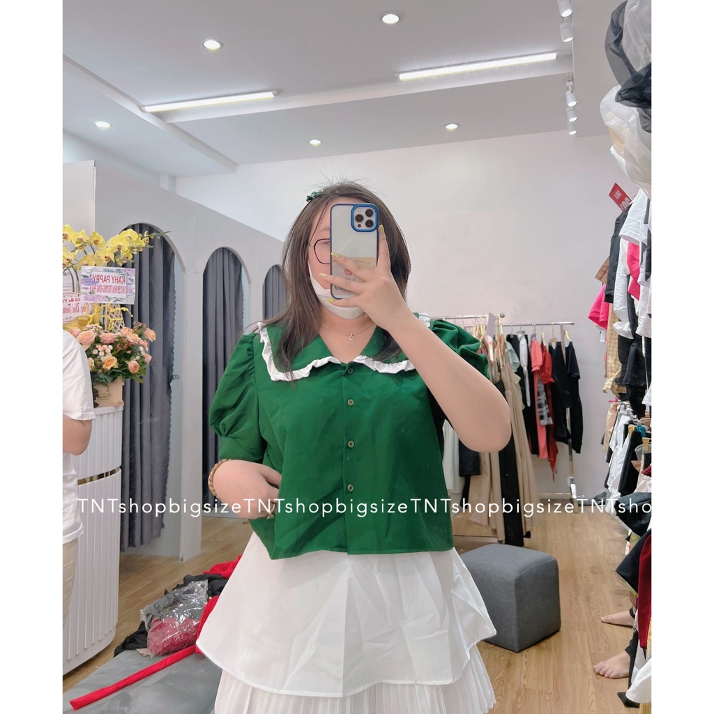 ÁO XANH LÁ TAY BÚP VIỀN BÈO TRẮNG [TNTSHOP BIGSIZE 60KG 90KG]