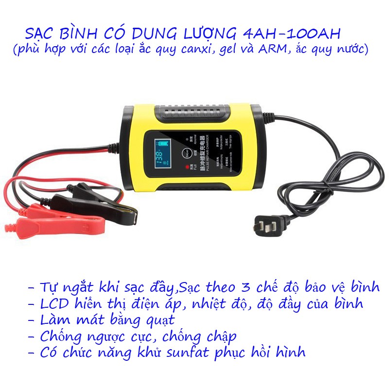 Bộ máy sạc bình ắc quy 12V FOXSUR tự ngắt khi đầy chức năng bảo dưỡng phục hồi ắc quy bằng khử sunfat chống ngược cực