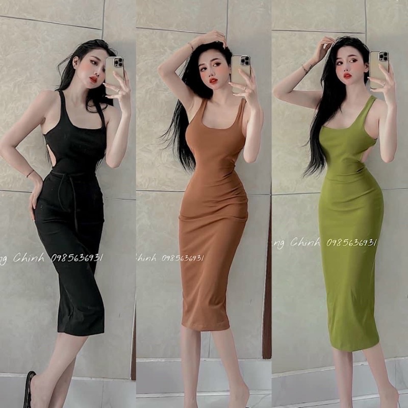 Đầm maxxi ba lỗ khoét lưng thắt dây