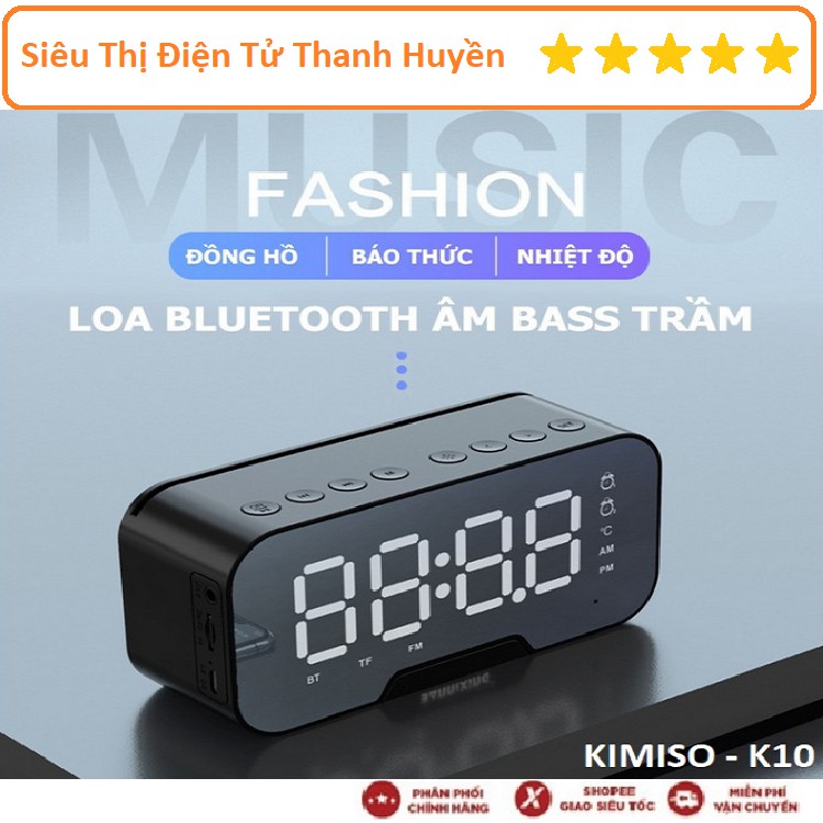 Loa Bluetooth Kimiso kiêm đồng hồ, nhạc FM, đo nhiệt độ, có khe cắm thẻ nhớ và cổng 3.5