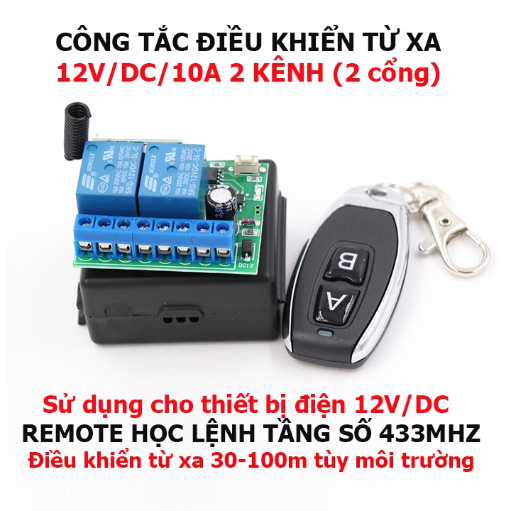 Bộ công tắc điều khiển từ xa 12V 2 cổng (2 kênh) điều khiên 2 thiết bị điện 1 chiều 12V DC