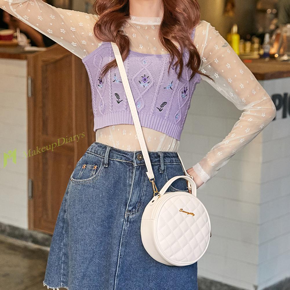 Túi xách da PU hình tròn mini màu trơn họa tiết lưới thời trang cho nữ