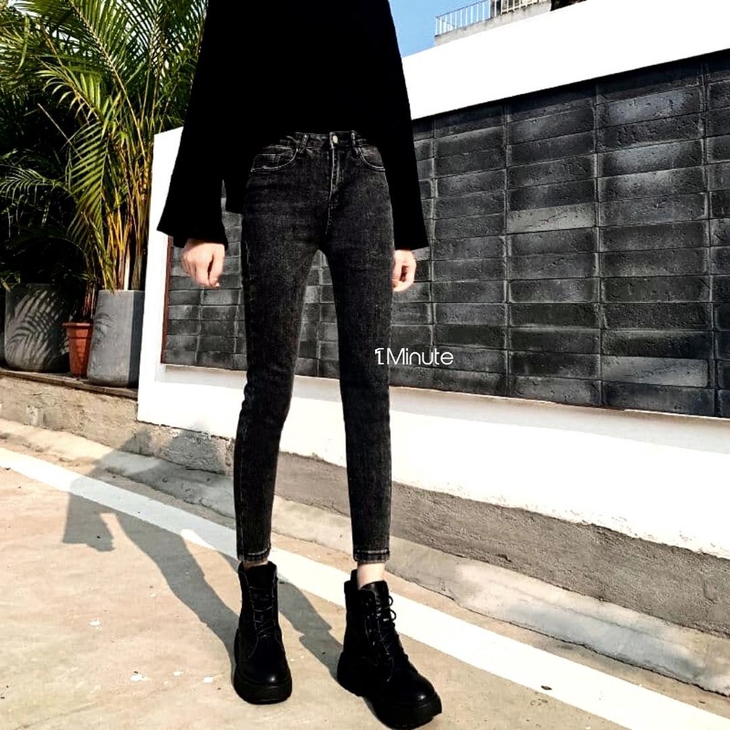 Quần Jean Skinny Nữ Dáng Ôm Lưng Siêu Cao Trơn Basic 1MINUTE - quần jeans bò co giãn cạp lưng cao Rika25