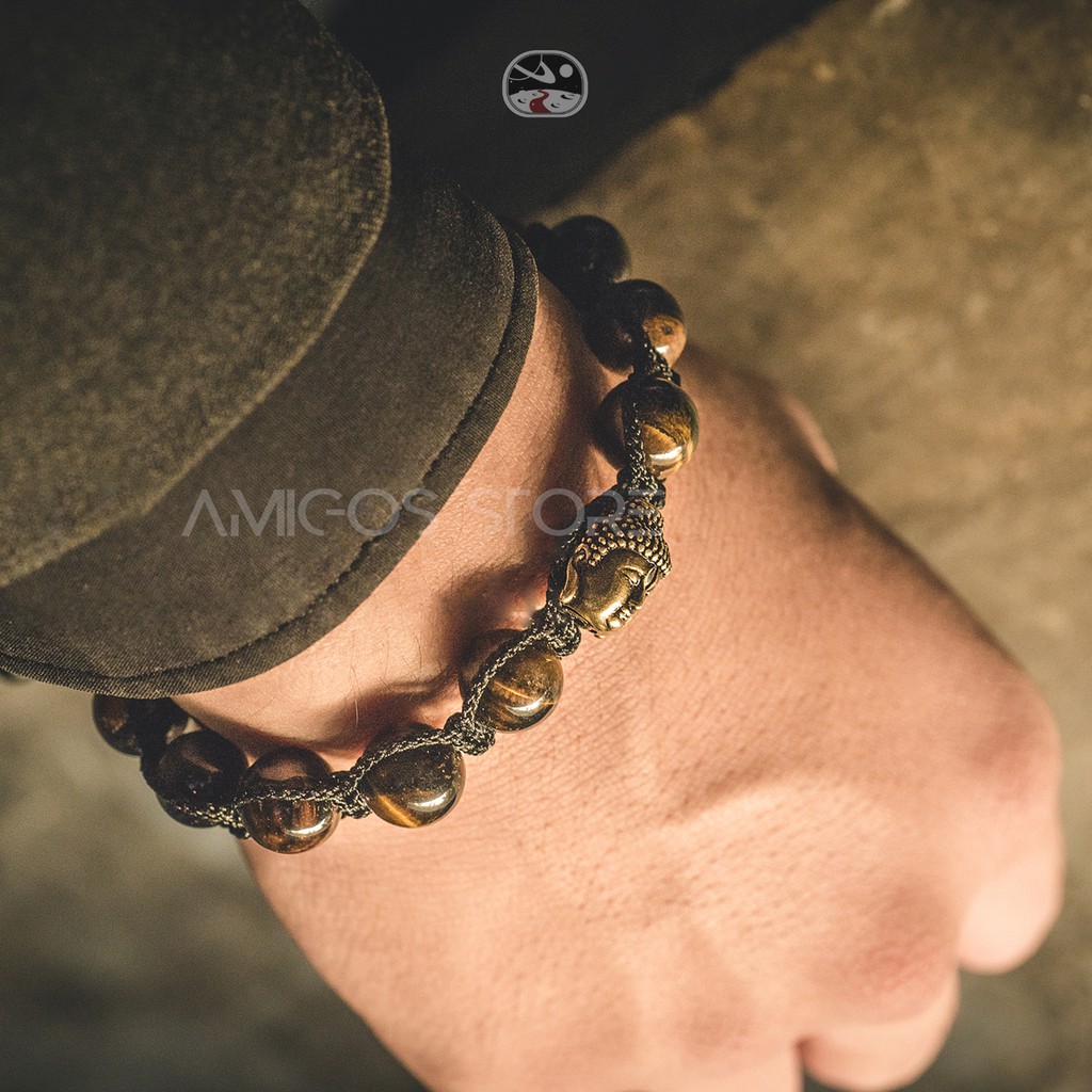 Vòng phong thủy handmade mix đá mắt hổ vàng + charm Thích Ca Bằng Đồng