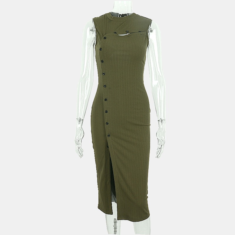 DUNEA Đầm midi thiết kế rỗng cài nút không tay khâu vải màu trơn thời trang dành cho nữ