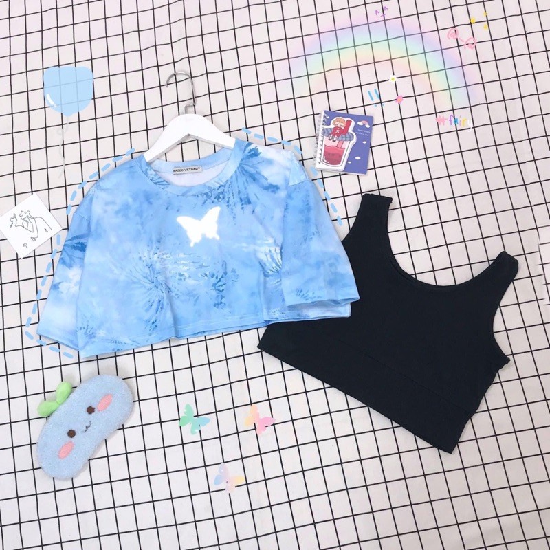 Set Áo Croptop TIE Phản Quang Kèm Bra Ảnh Thật