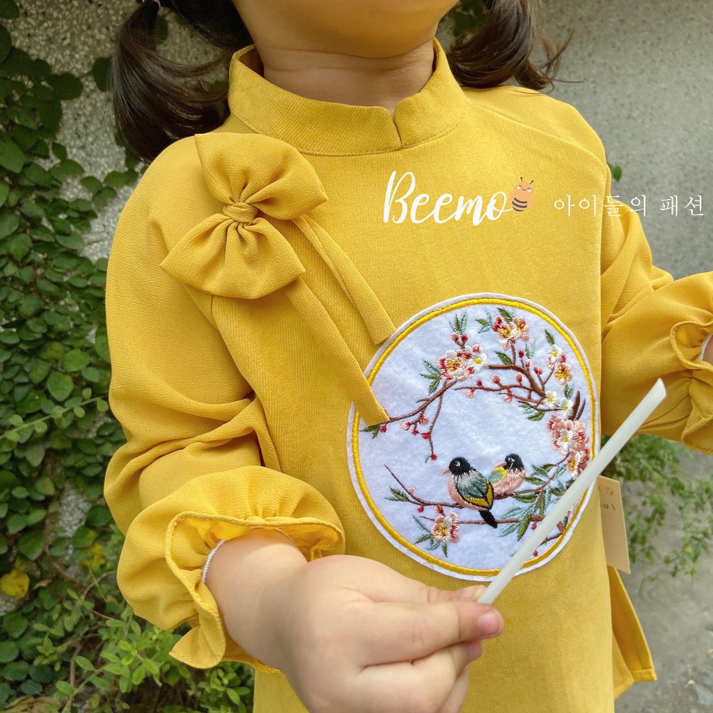 Áo dài cách tân cổ đính nơ GELU KIDS siêu phẩm cho bé gái diện tết (cả set áo và quần)