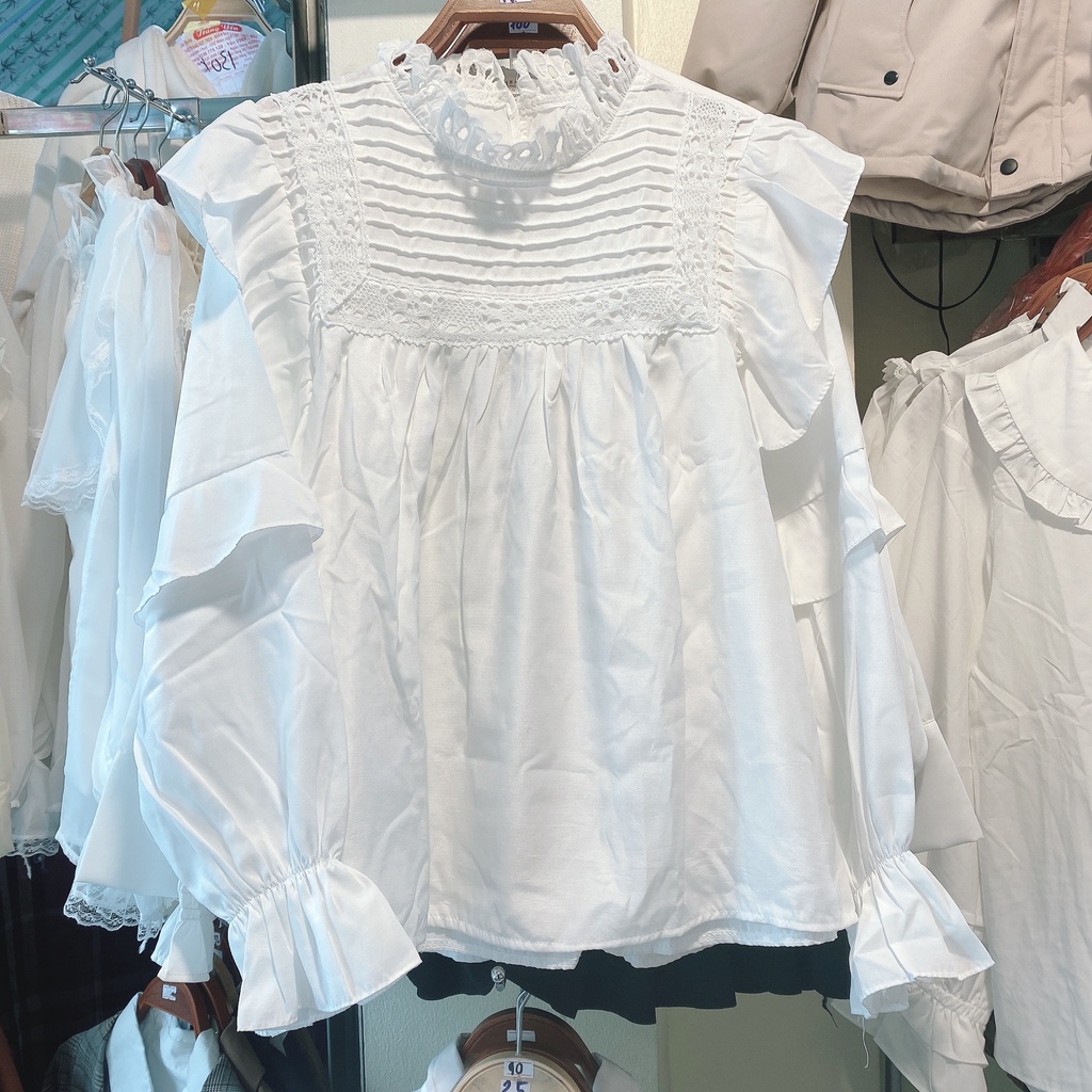 Áo sơ mi cổ tròn dập ly tay bo chun, áo sơ mi cổ tròn tay bèo tầng - SHOP THƠM PHẠM