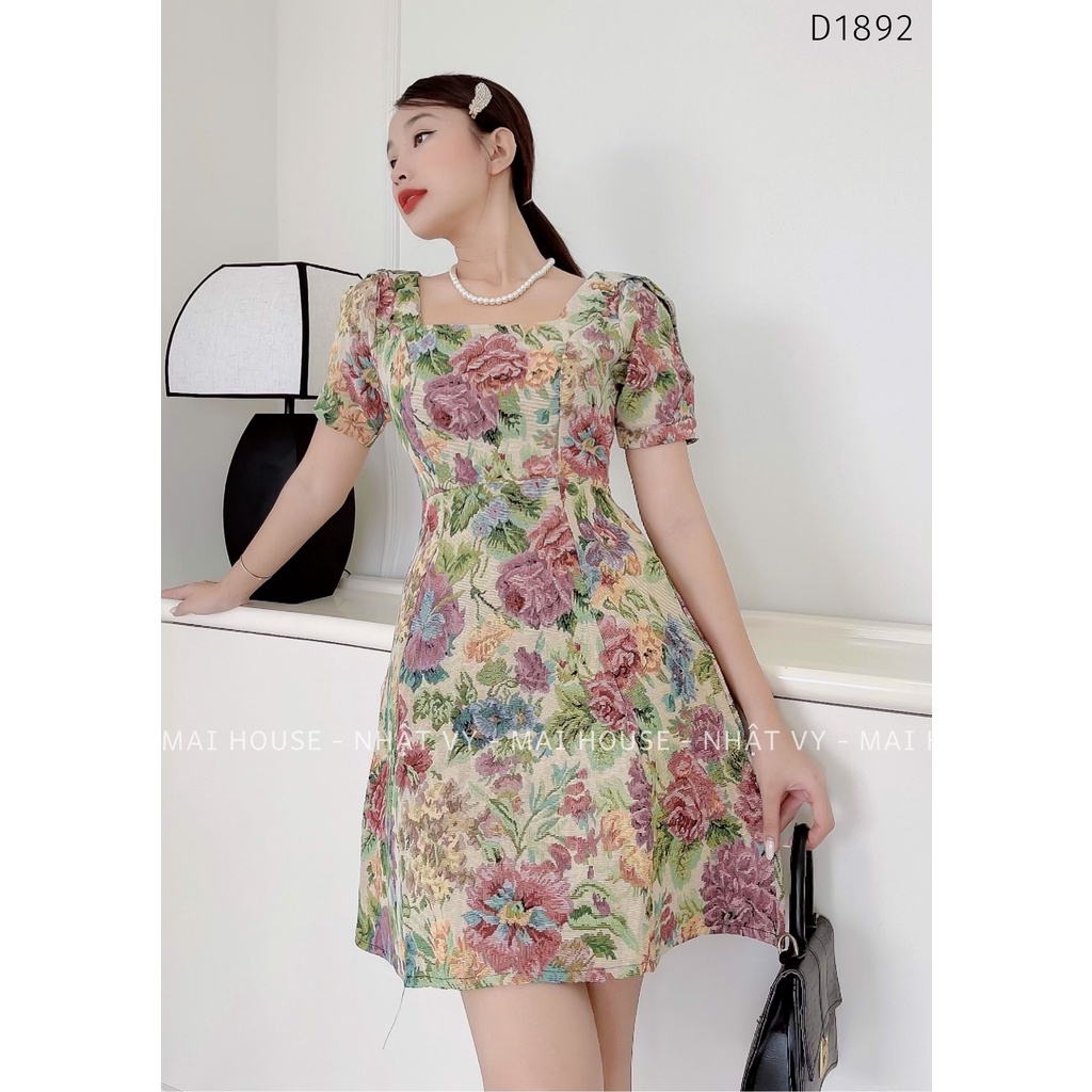 Đầm Nữ NHẬT VY Hoa Cổ Vuông Tay Ngắn Chiết Eo Chất Vải Bố Đi Chơi Dáng Xòe Màu Xanh - D1892