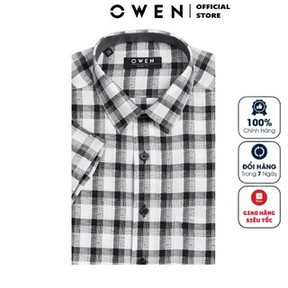 Áo Sơ Mi Nam Ngắn Tay Owen BA91482NT Somi Cộc Tay Công Sở Cao Cấp Kẻ Caro Đen Trắng Chất Nano Dáng Body Fit Tà Bằng