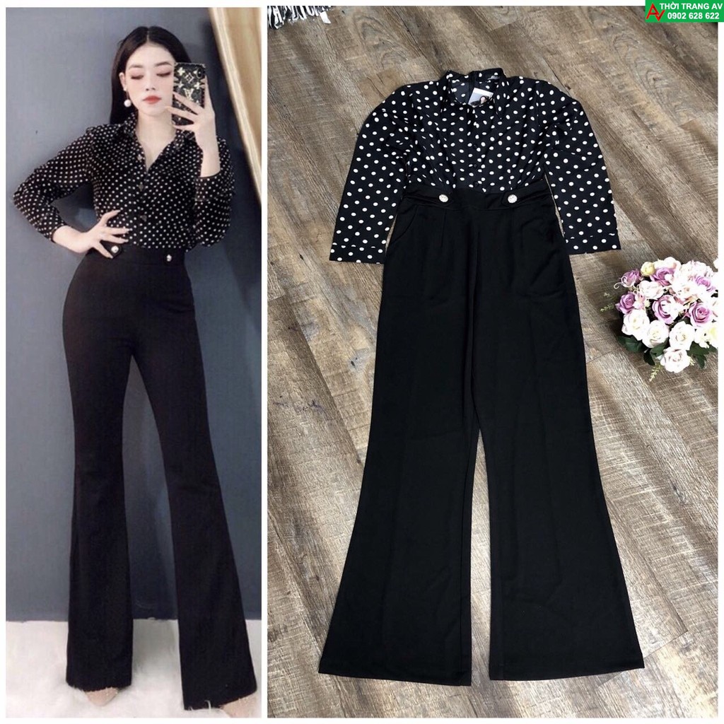 Jumpsuit - Đồ bay dài ống loe phối áo chấm bi xinh xắn - AV6241