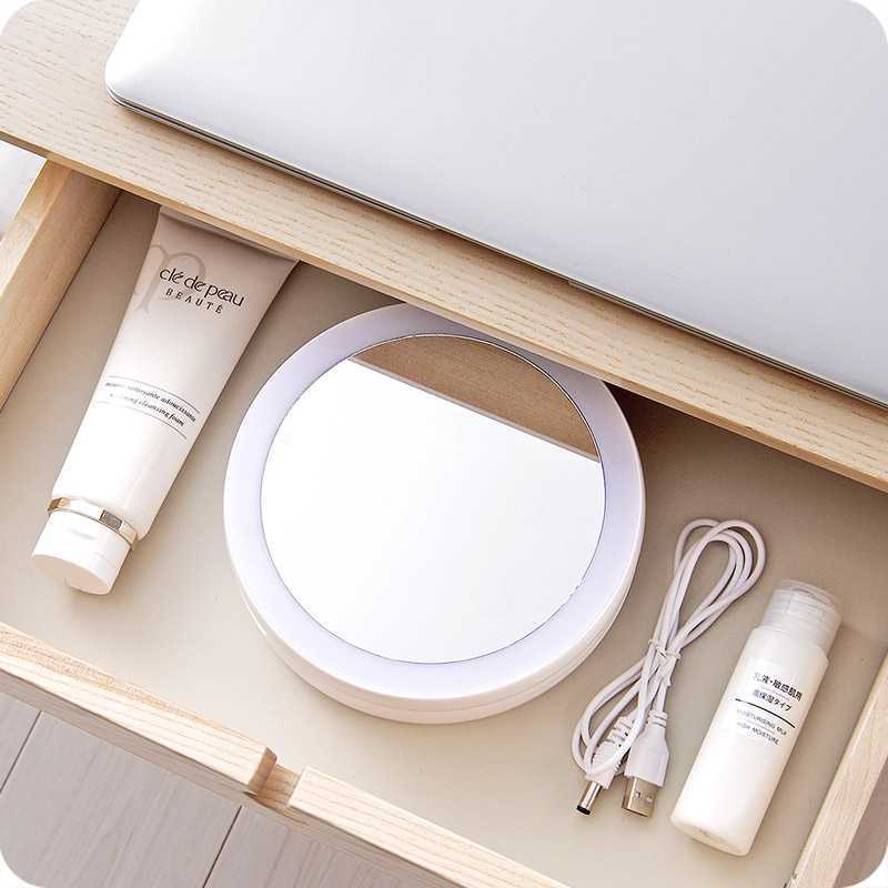 Gương Trang Điểm Có Thể Gập Lại Có Đèn Led, Gương Hai Mặt Có Thể Phóng To, Xoay 360 Độ, Đế Có Ngăn Đựng Đồ Tiện Lợi