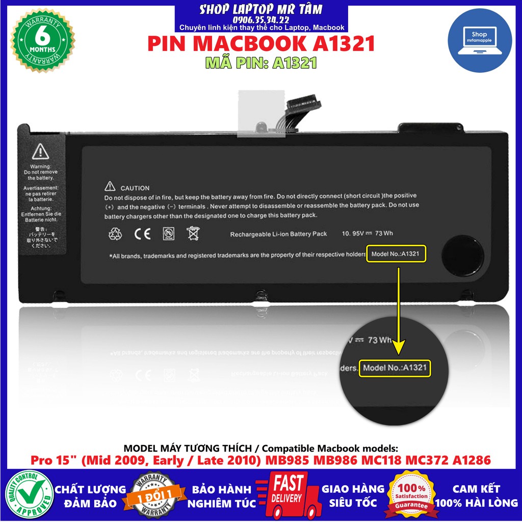 (BATTERY) PIN MAC A1321 (ZIN) DÀNH CHO MATBOOK PRO 15&quot; (2009 2010) MB985 MB986 MC118 MC372 A1286 A1321