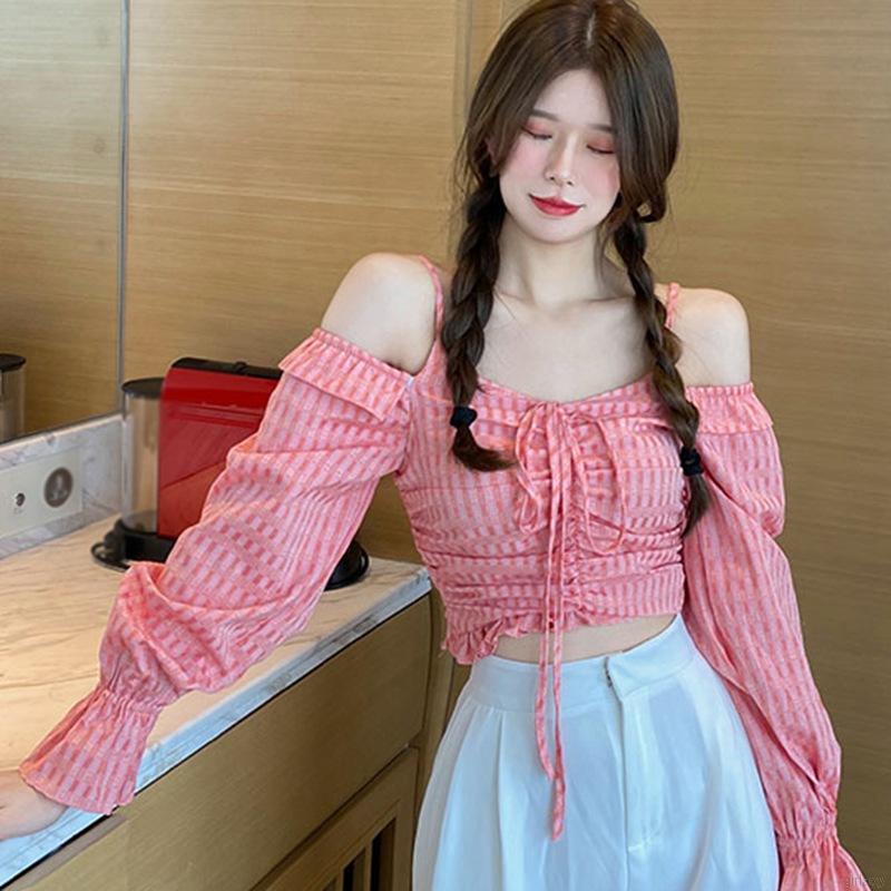 Áo Ren Lửng Tay Dài Trễ Vai Quyến Rũ Phong Cách Retro Hàn Quốc