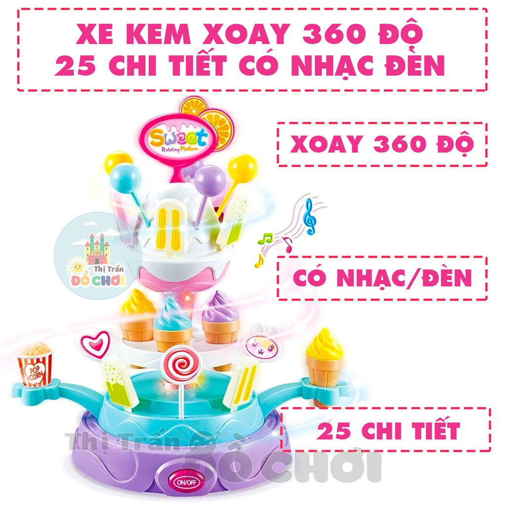 Đồ chơi nấu ăn mô hình xe đẩy cho bé bán kem kẹo có trục xoay 360 độ, có đèn, nhạc 668-54 - Thị trấn đồ chơi