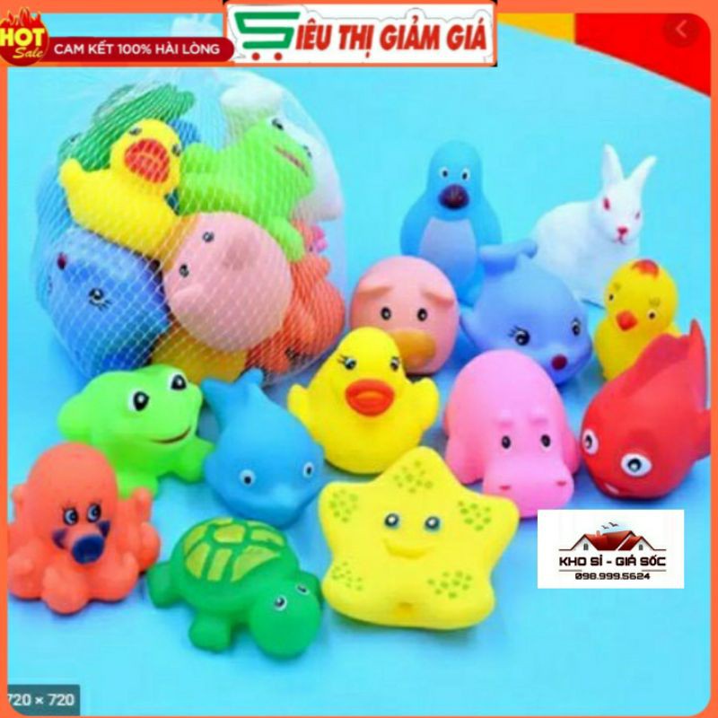 Đồ Chơi set 10 con thú thả chậu tắm có kèn Kêu Chíp Chíp Cho Bé túi lưới