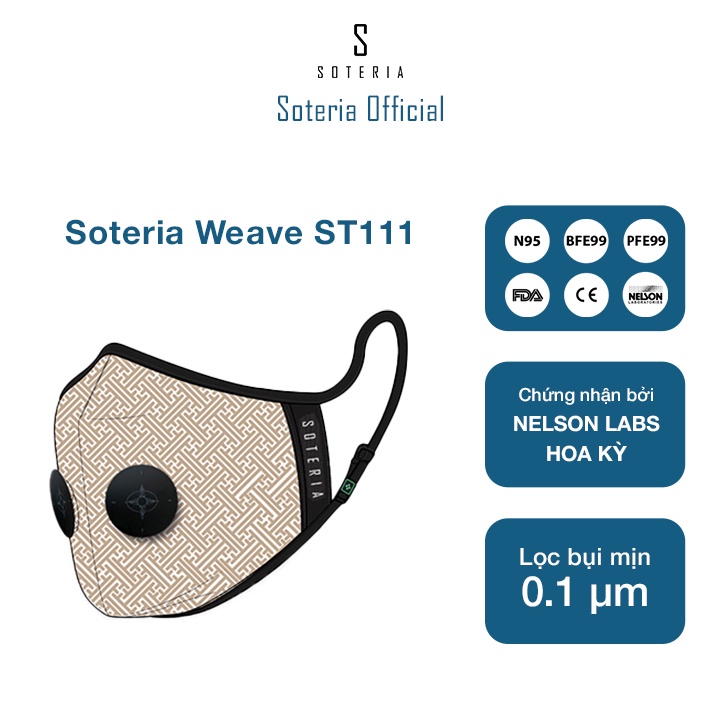 Khẩu trang tiêu chuẩn Quốc Tế SOTERIA Weave ST111 - Bộ lọc N95 BFE PFE 99 lọc đến 99% bụi mịn 0.1 micro- Size S,M,L