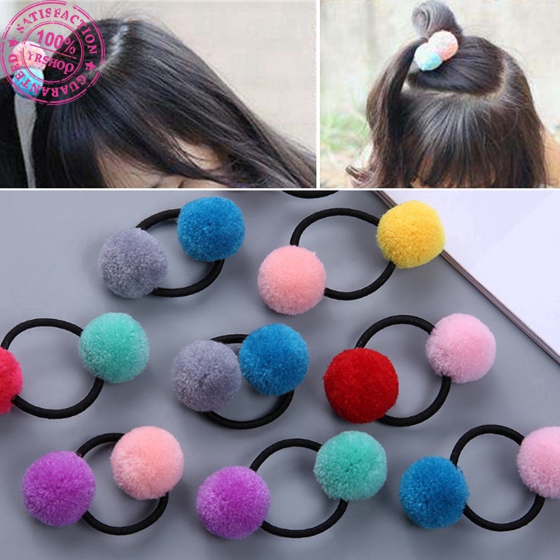 Dây Buộc Tóc Co Giãn Gắn Quả Cầu Lông Xù Đáng Yêu Cho Bé Gái