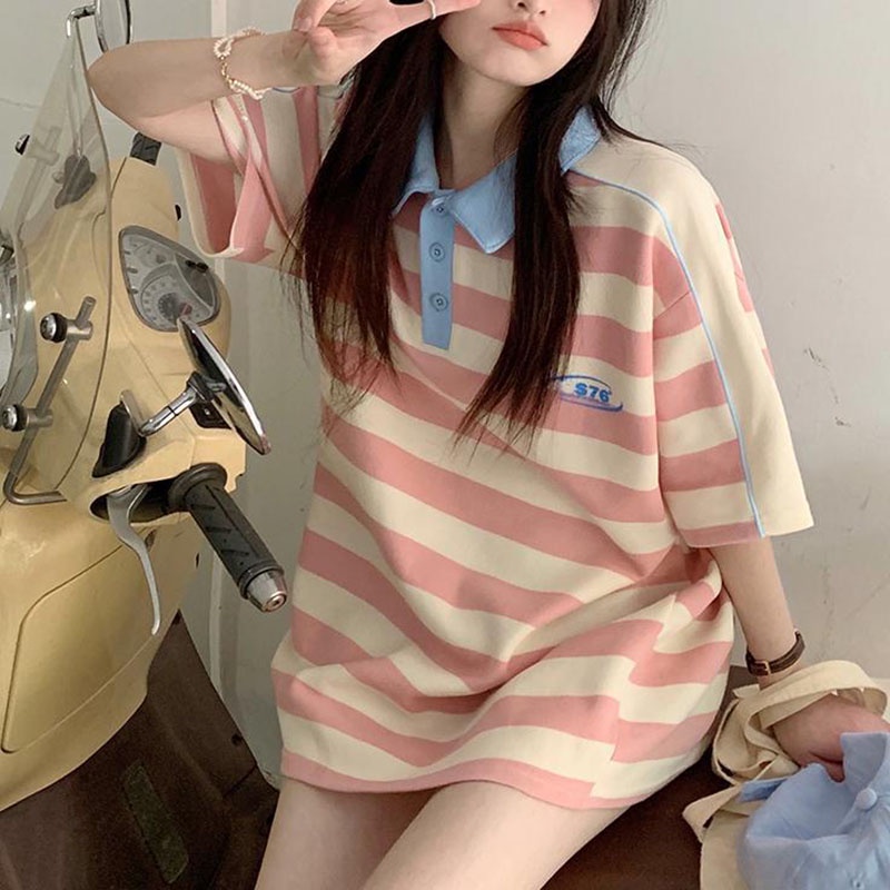 Áo polo IELGY tay ngắn dáng rộng họa tiết sọc màu sắc tương phản thời trang dành cho nữ