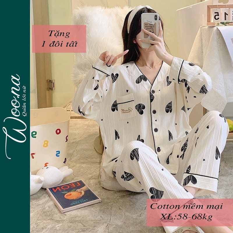 Bộ đồ ngủ dài tay dễ thương thu đông bigsize mặc nhà vải cotton phong cách Cardigan, bầu bì bon chen ok