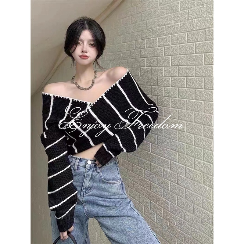 Enjoy Freedom Áo Dệt Kim Tay Dài Trễ Vai Cổ Chữ V Họa Tiết Kẻ Sọc Thời Trang Hàn Quốc Mới 2022 Cho Nữ áo croptop