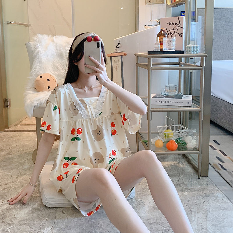 Set Đồ Ngủ Bằng Cotton Ngắn Tay In Họa Tiết Hoạt Hình Phong Cách Hàn Quốc Cho Nữ
