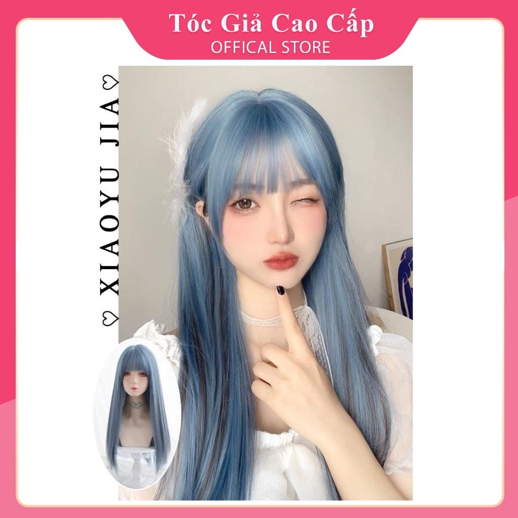 Tóc giả nữ nguyên đầu nữ đẹp màu xanh dương phối line nâu, mẫu mới siu đẹp, tặng lưới trùm, BHT017