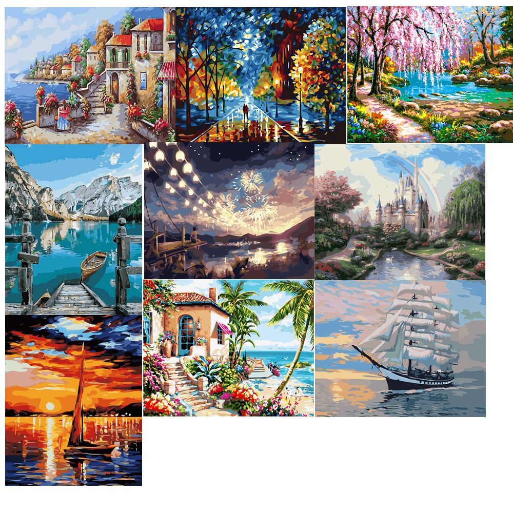 Tranh tô màu dầu canvas theo số kèm khung họa tiết phong cảnh DIY 40 * 50cm