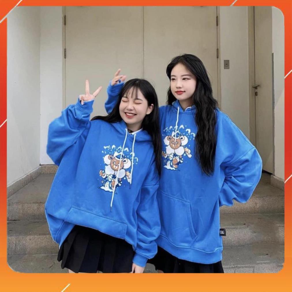 Áo hoodie in hình gấu hoa cực xinh 2 màu xanh lạ form rộng unisex kèm ảnh/video thật xưởng sỉ nguyễn hoa siêu đẹp
