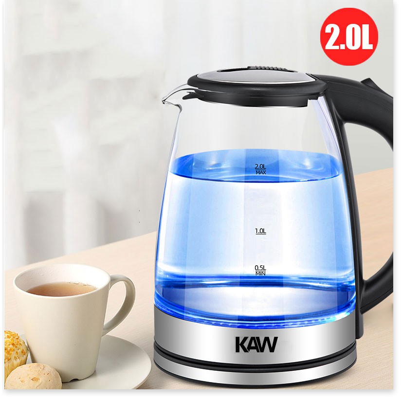 Ấm Điện Đun Nước KAW RK1818 ✔️Chính Hãng✔️ dung tích 2L, tiết kiệm điện, bình thủy tinh trong suốt, nước nóng siêu nhanh