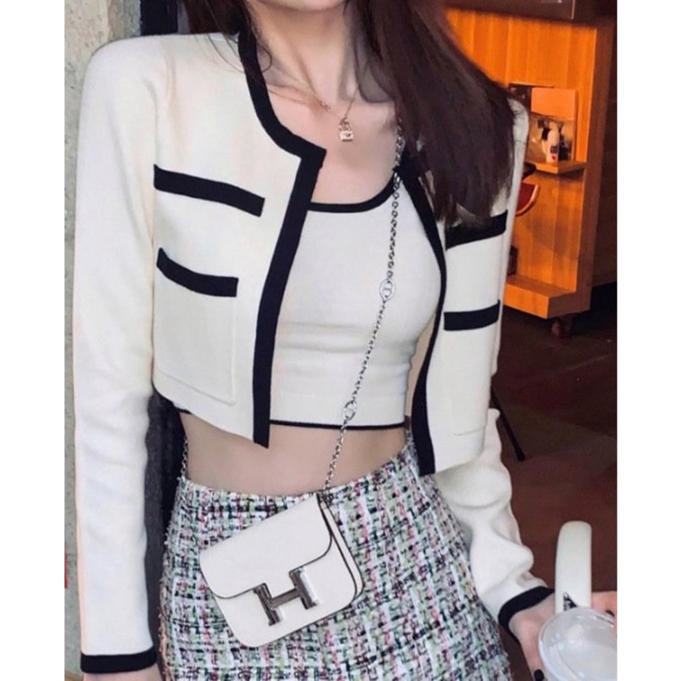 Áo Khoác Cardigan Dệt Kim Croptop LUHAZO Set Tay Dài Màu Trơn Thời Trang Hàn Quốc Cho Nữ B-9