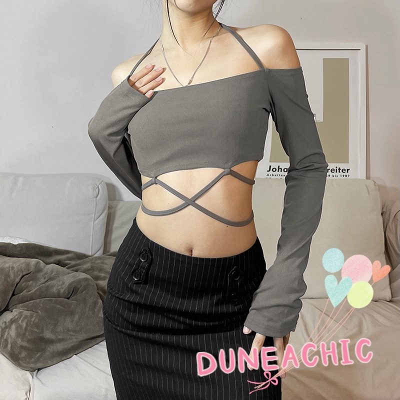 Áo Kiểu Tay Dài Trễ Vai Phối Dây Thắt Xinh Xắn Cho Nữ