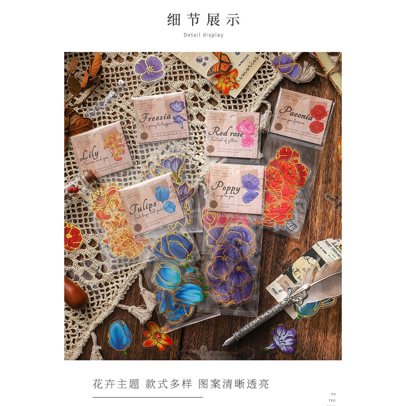 Set sticker vintage hình hoa độc đáo cỡ lớn, hình dán sticker trang trí sổ tay, nhật ký, thiệp mừng
