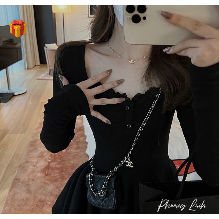 Đầm tay dài cổ vuông dáng xòe viền ren cổ và đáy cực hot , chất thun gân mềm mát