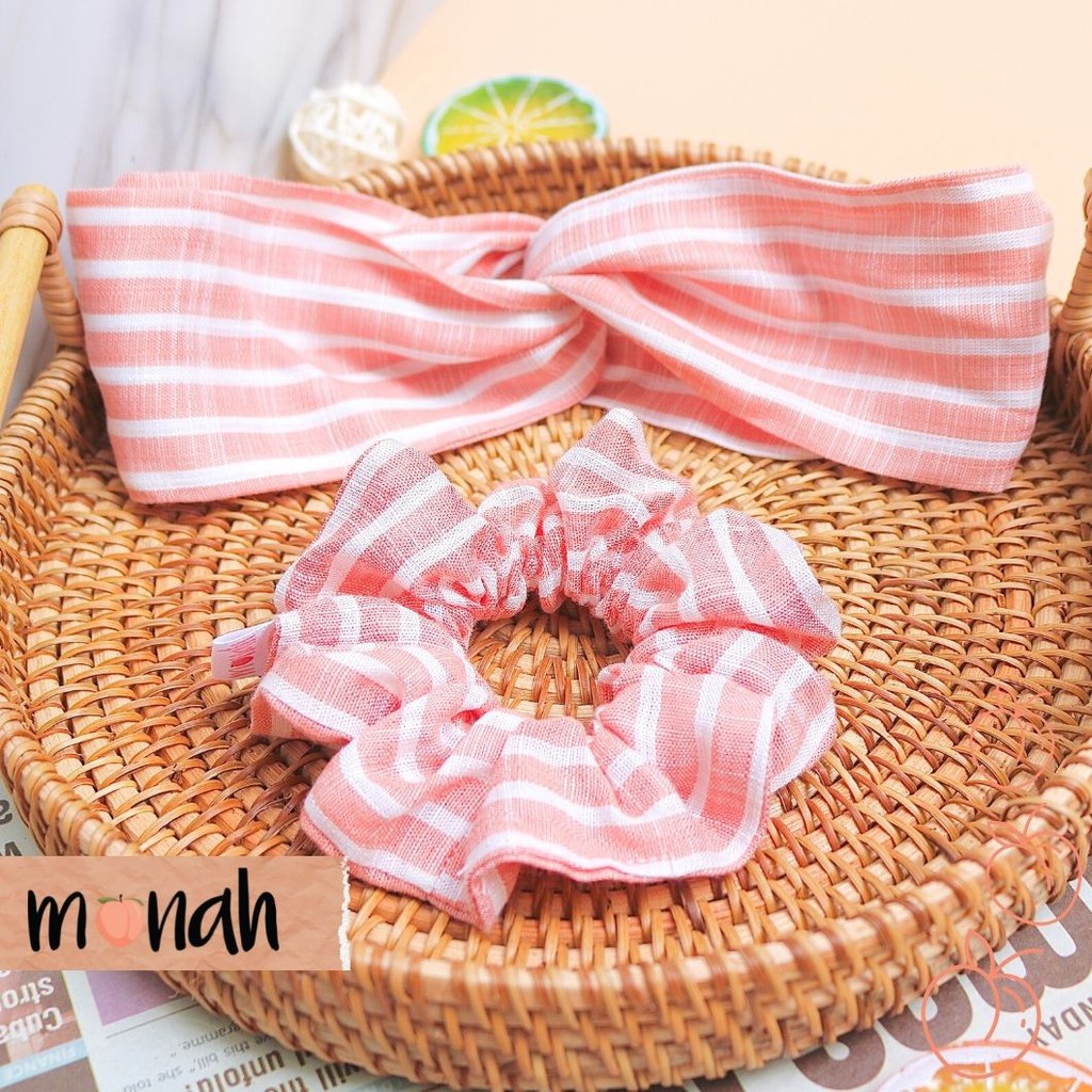 Combo Dây Buộc Tóc, Cột Tóc Scrunchie Và Turban Băng Đô Nữ Sọc Trắng Đỏ Kiểu Dáng Tiểu Thư