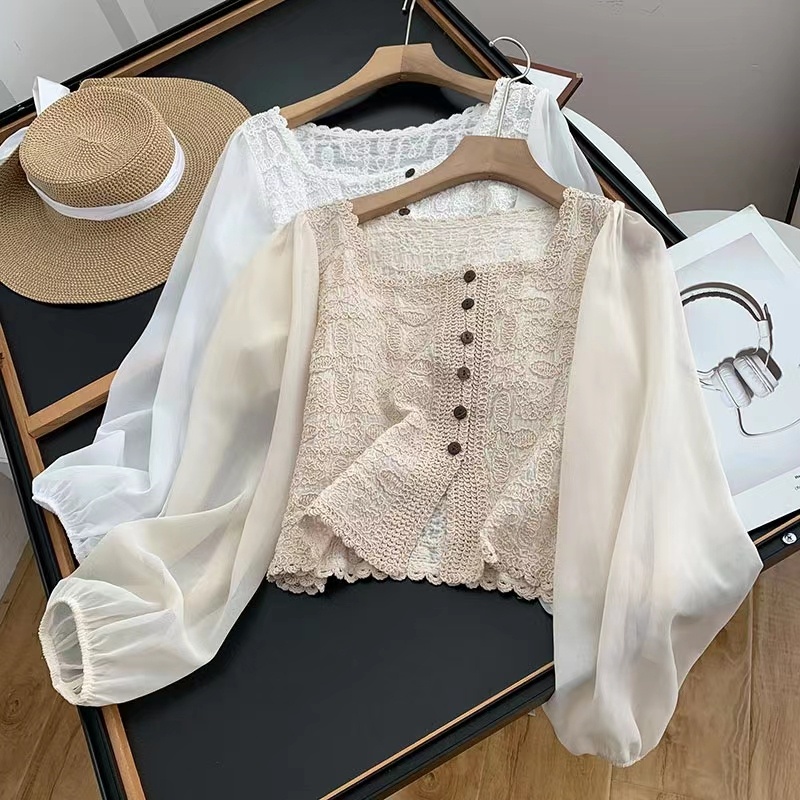 Áo Sơ Mi Chiffon Tay Phồng Phối Ren Kiểu Mỏng Thời Trang Cá Tính