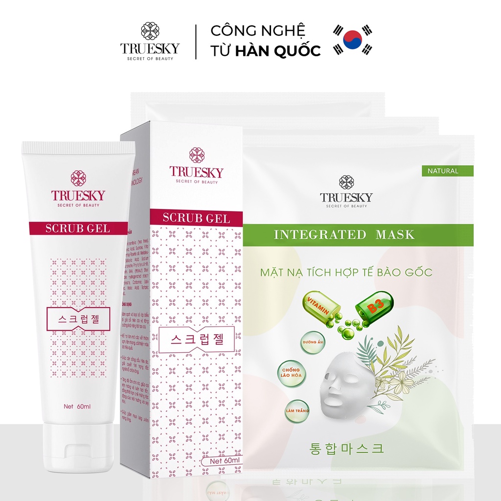 Bộ sản phẩm chăm sóc da mặt Truesky M05 gồm 1 kem tẩy tế bào chết cho mặt 60ml + 3 miếng mặt nạ dưỡng da 25g/miếng