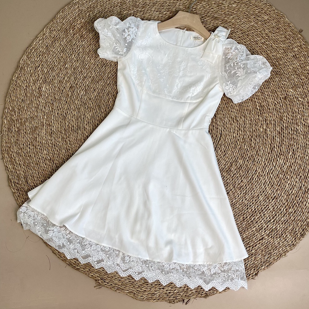 Váy Trắng Nữ Dáng Xòe Phối Tay Ren LeeZa Mã TKV1165