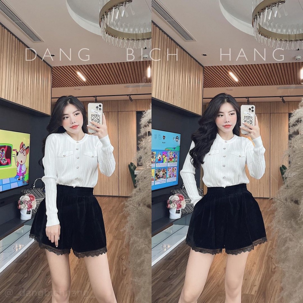 quần short nữ nhung phối ren xinh xắn sooc đùi mềm mịn sang chảnh cao cấp đùi phồng loại đẹp siêu sang cạp chun lưng cao