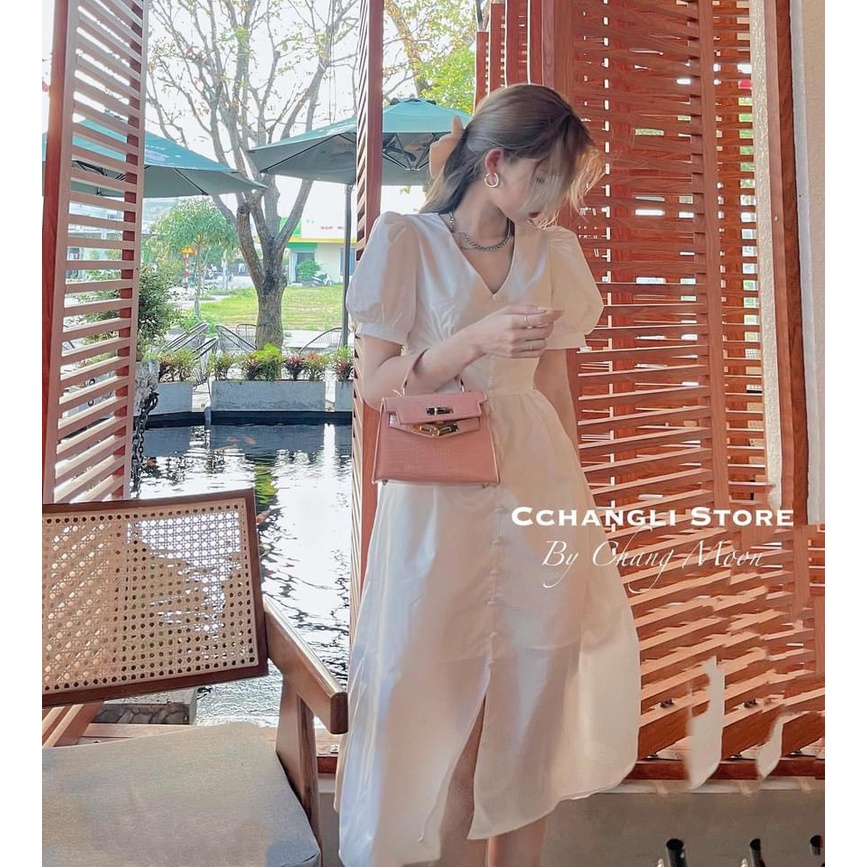 Váy thiết kế đầm cổ tim maxi cúc bọc tay bồng dáng dài thanh lịch | BigBuy360 - bigbuy360.vn