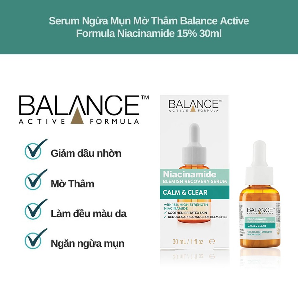 Tinh chất Balance Active Skincare Niacinamide Blemish Recovery Serum giảm dầu, mờ thâm làm đều màu da 30ml