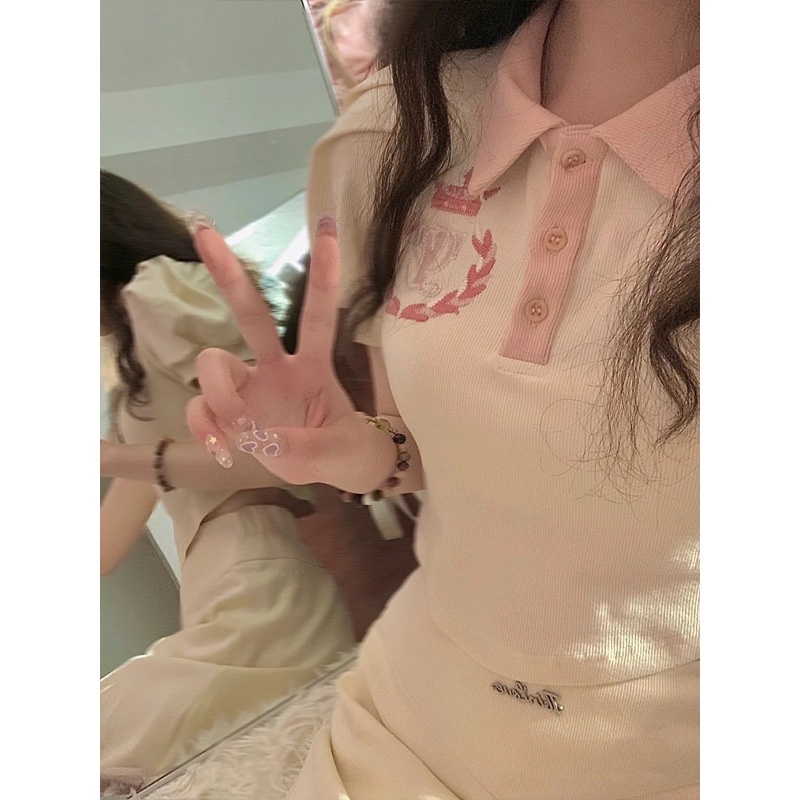 Set Áo Thun polo Ngắn Tay + Chân Váy Chữ a Màu Trơn Thời Trang Nữ Tính