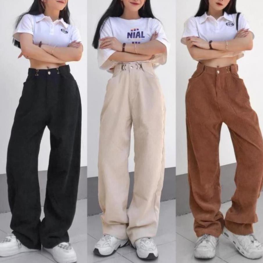 1hitshop Quần Dài Nhung Gân DONI PANTS Form Suông Phối Móc Gài Eo Ulzzang