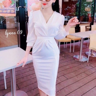 Đầm body trắng tay lỡ cổ V siêu sang