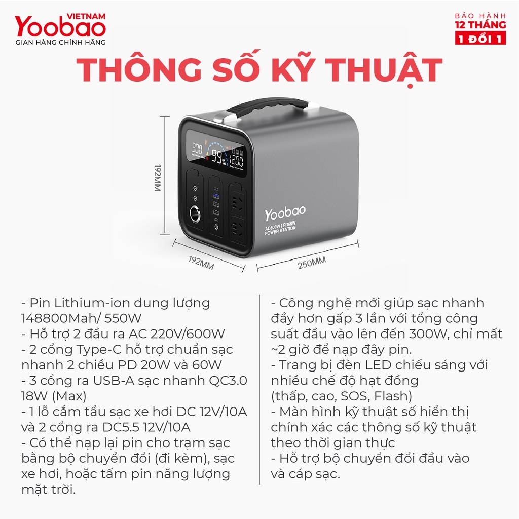 Trạm sạc dự phòng Yoobao EN600S Dung lượng 148800Mah Sạc nhanh PD60W 220V/600W Màn hình LED - Tích hợp đèn pin