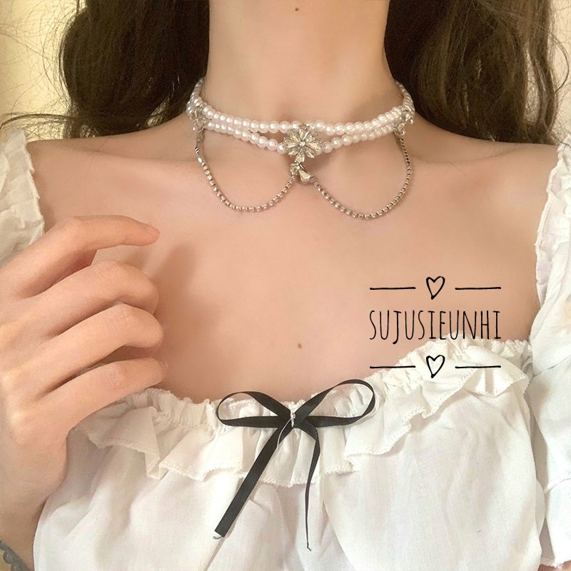 (2 mẫu) vòng cổ ngọc hoa đính đá nhân tạo buộc dây kiểu dáng dài sang trọng