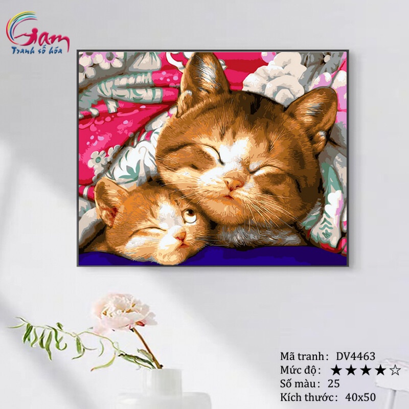 Tranh sơn dầu số hoá tự tô màu Gam mẹ con mèo vàng DV4463 40x50cm căng khung